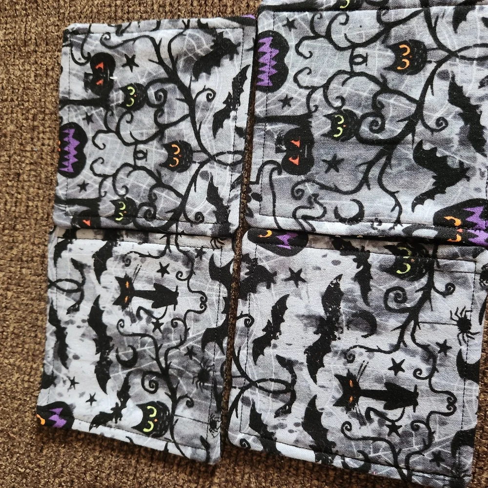 Halloween Coasters Set Of 4 Bats Owls Black Cats Grey Black New